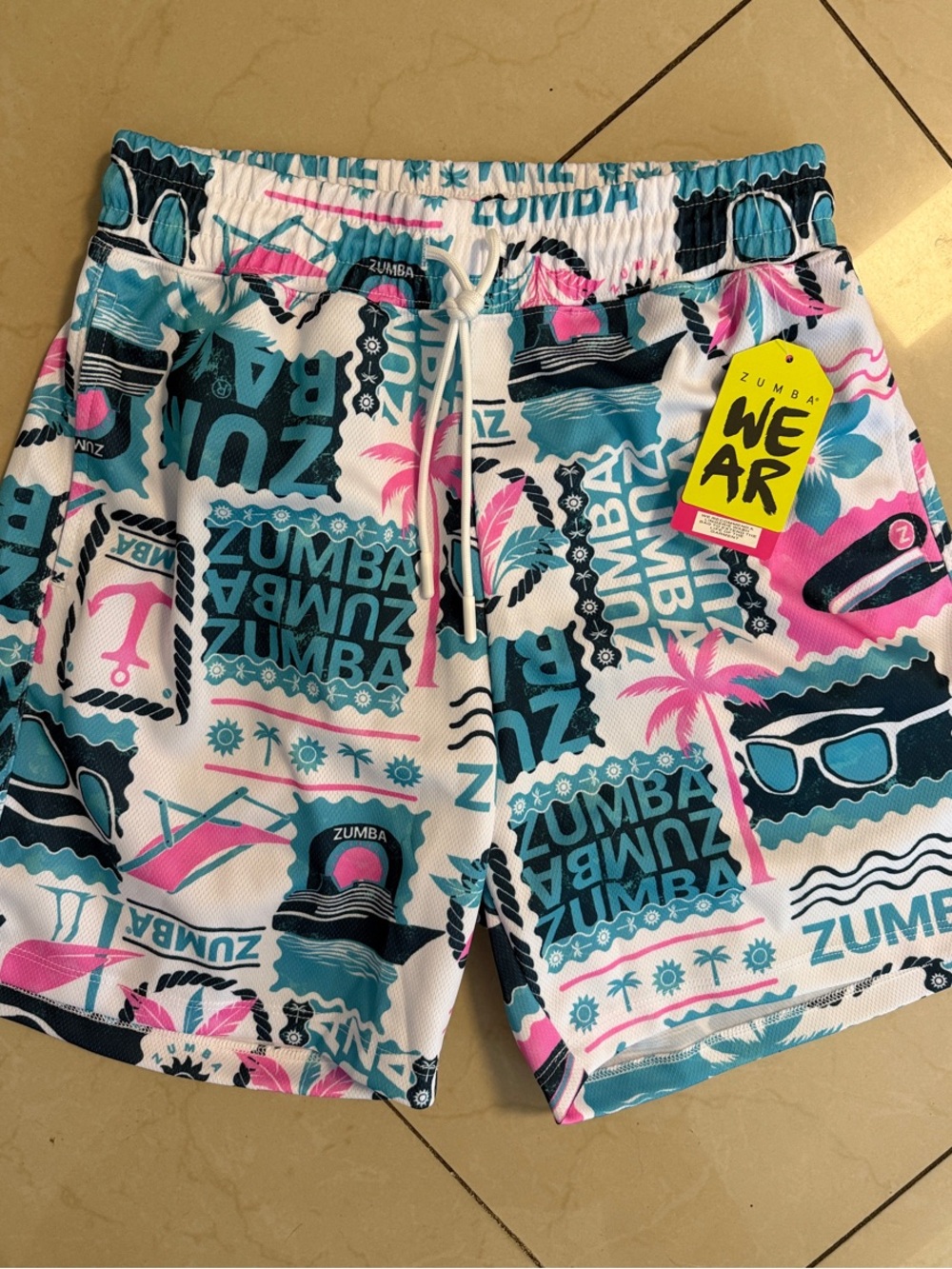 Zumba Wear Unisex Zumba Cruise Graphic Mesh Shorts - White/Teal/Pink/Black Med